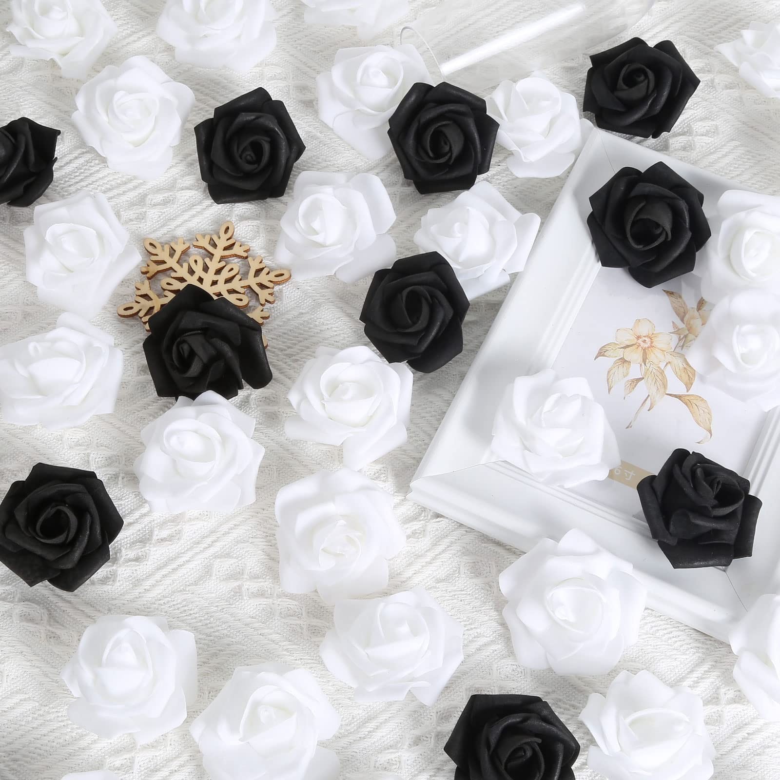 200 PCS 1.97 Inch Foam Rose Heads Black and White Fake Flowers Wedding DIY
