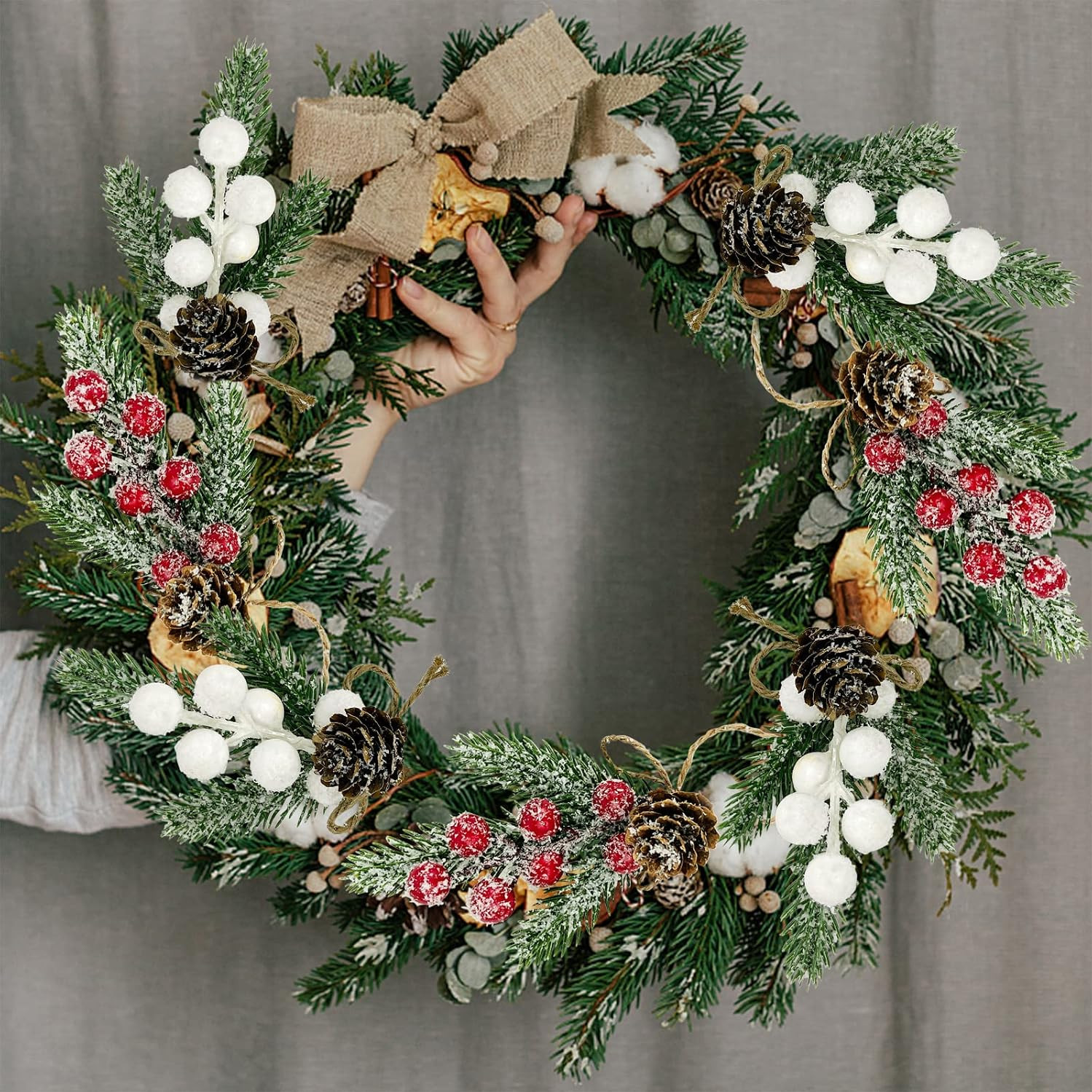 White Berry Stems Floral Pine Cones 10PCS Christmas Artificial Pine Branches