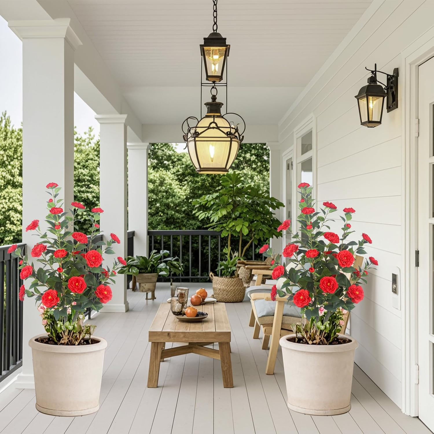 2Pack 39.37″ Red Artificial Camellia Trees in Cement Pots – Lifelike Decor
