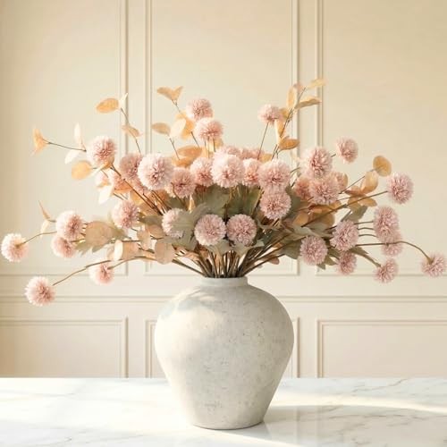 Artificial Flowers for Vase – Silk Mums 10 Long Stems with Eucalyptus, Beige