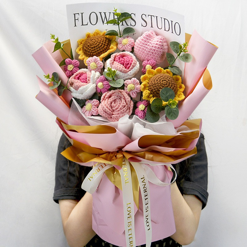 Completed Hand Knitted Crochet Flowers Bouquet Sunflower Daisy Lily Tulips Carna