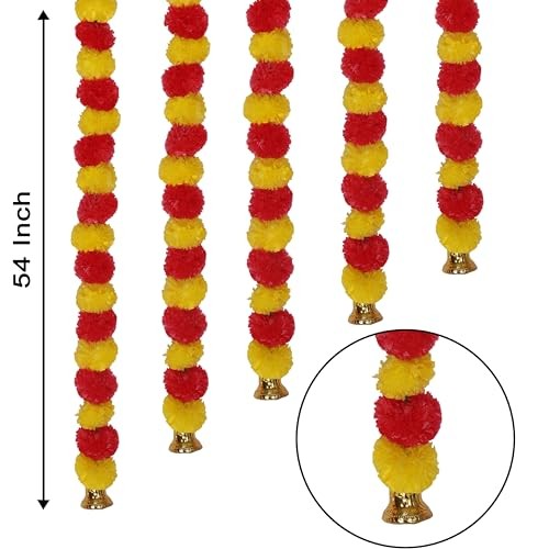 Marubhumi 5-PC Artificial Marigold Flower Garland – 4.5 Feet Long Yellow/Red