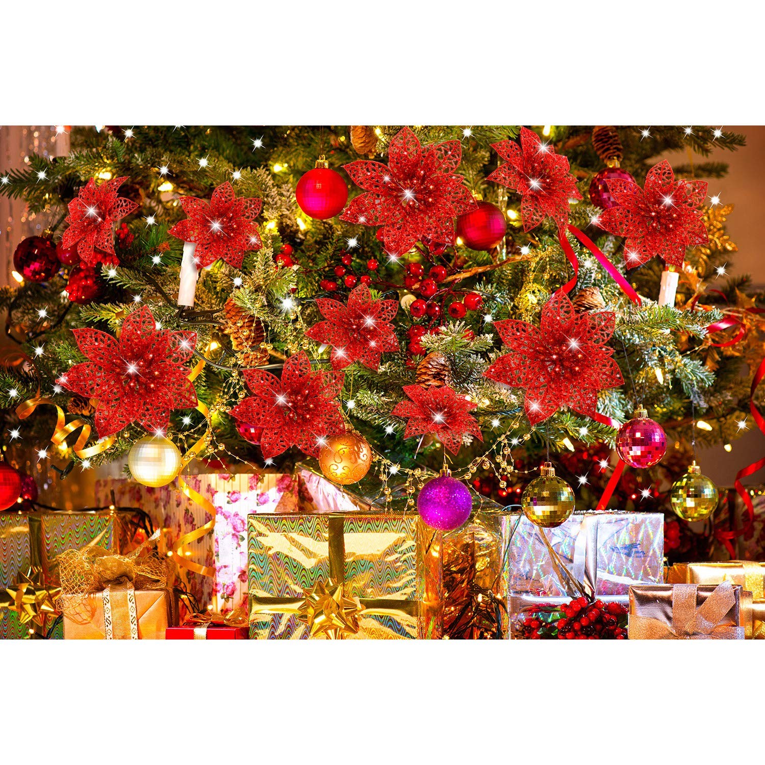 36 PCS Artificial Christmas Poinsettia Flowers Glitter Tree Ornaments Decor