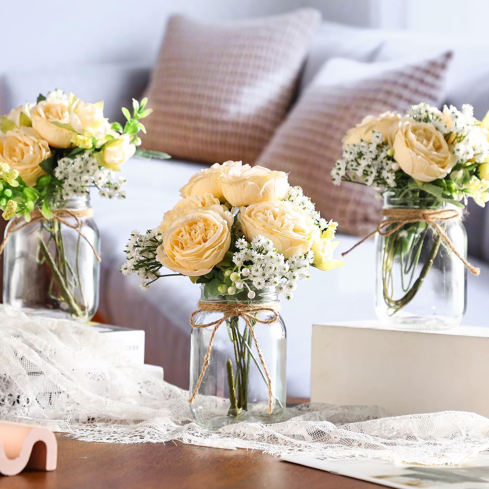12 Sets Rustic Mason Jar Centerpieces, Faux Peony & Baby’s Breath Bouquets, Wedd