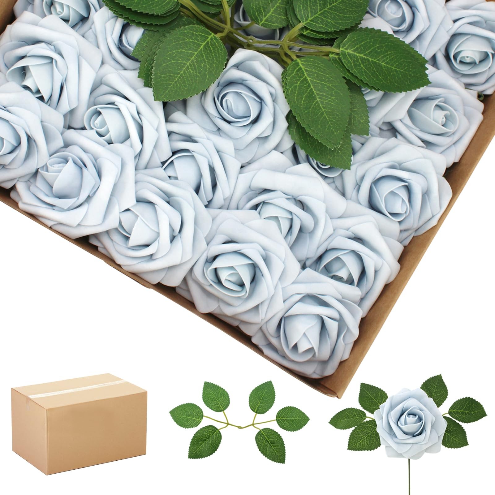 200PCS Blue Realistic Roses – Artificial Latex Foam Flowers with Bendable Ste…