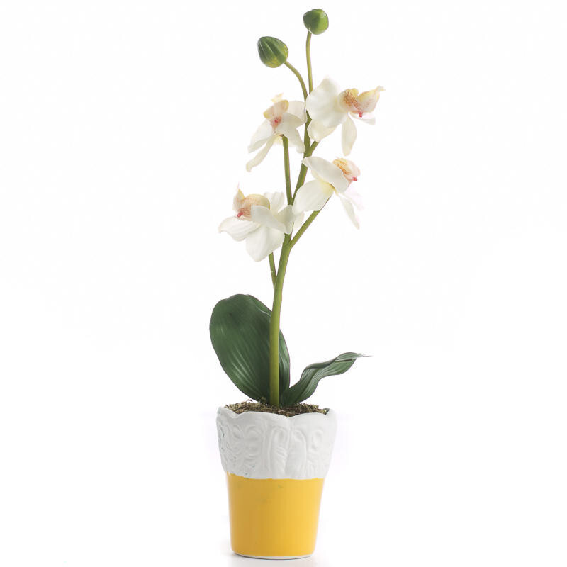 Bulk Case of 48 Cream Artificial 15″ Vanda Orchid in Yellow Planters