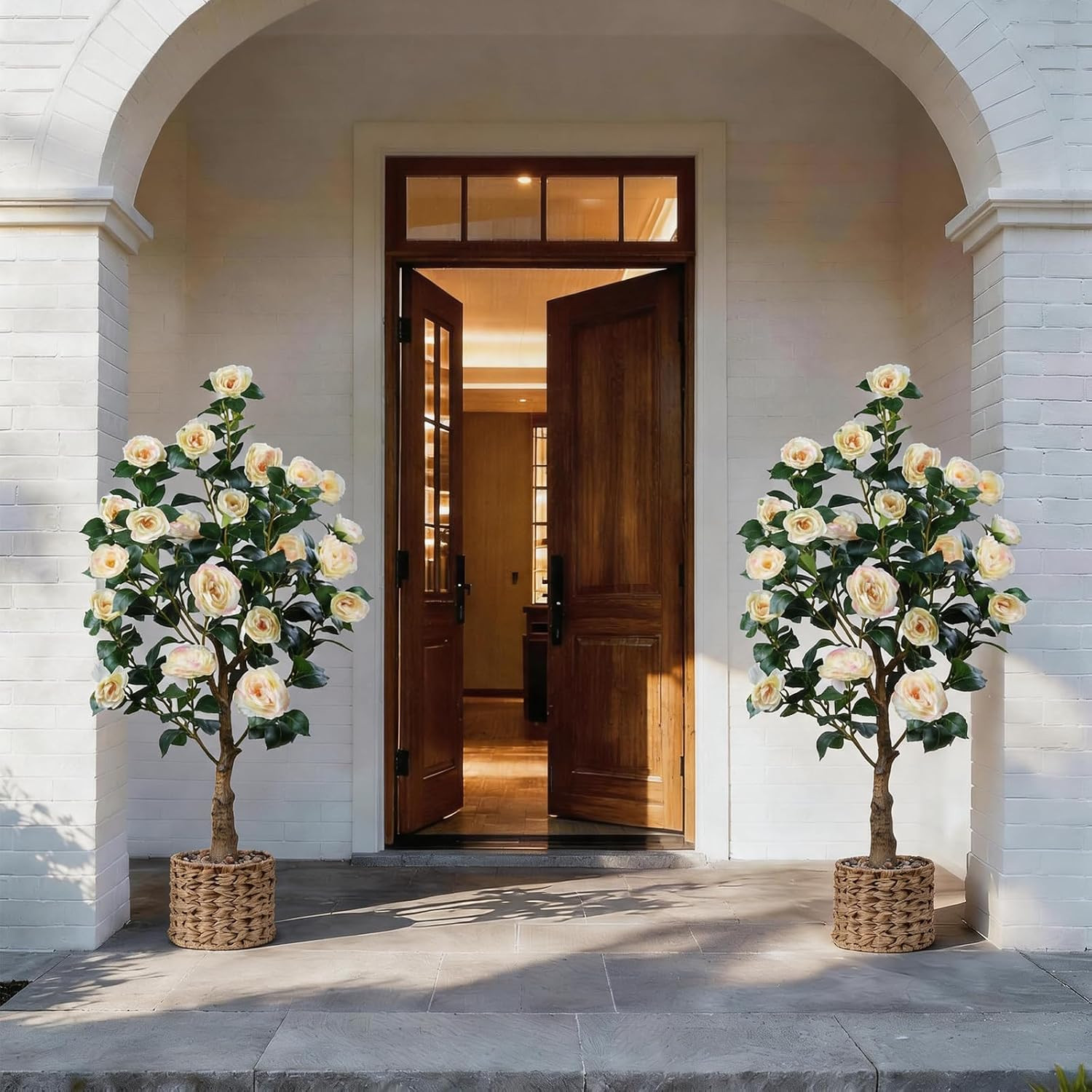 48″ Artificial Camellia Tree 2 Pack, Faux Potted Camellia Flower Tree Fake Camel