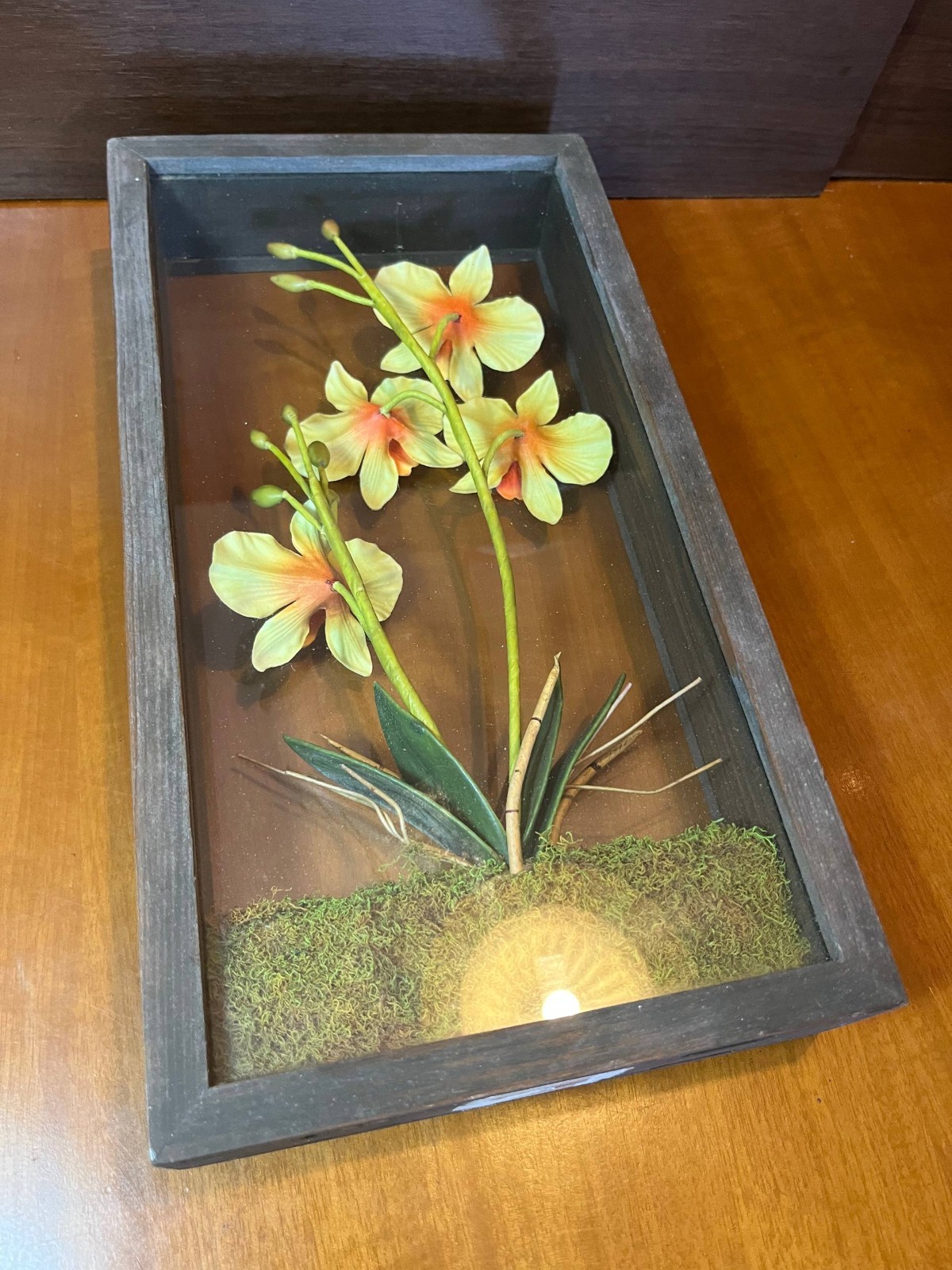 Vintage 3D Orchid Shadow Box Floral Wall/Table Decor 1980s Retro Frame