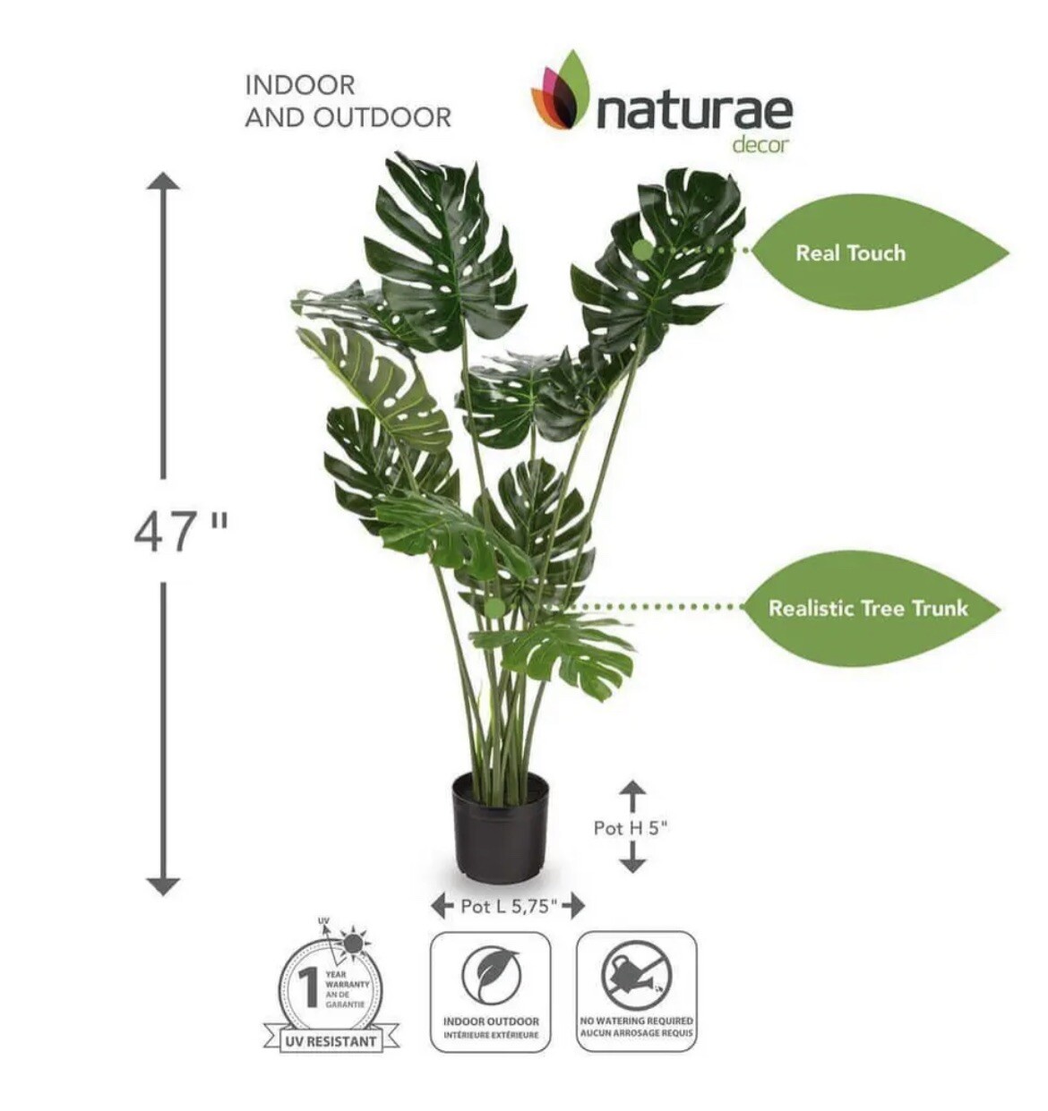 naturae decor Artificial Monstera Indoor and Outdoor Plants 47 in UV Resistant