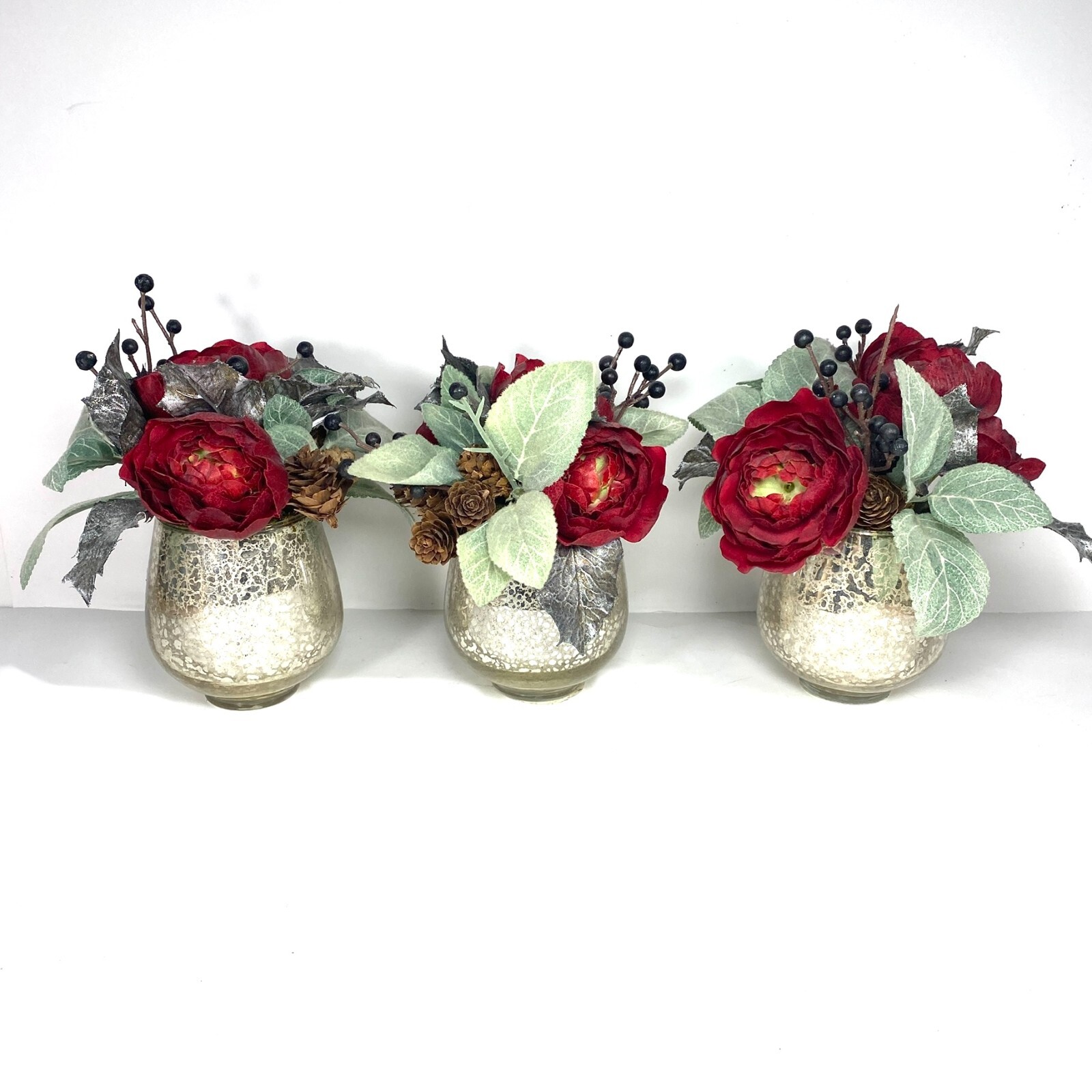 Threshold Silver Mercury Crackle Glass Red Ranunculus Vase Arrangement -Set of 3