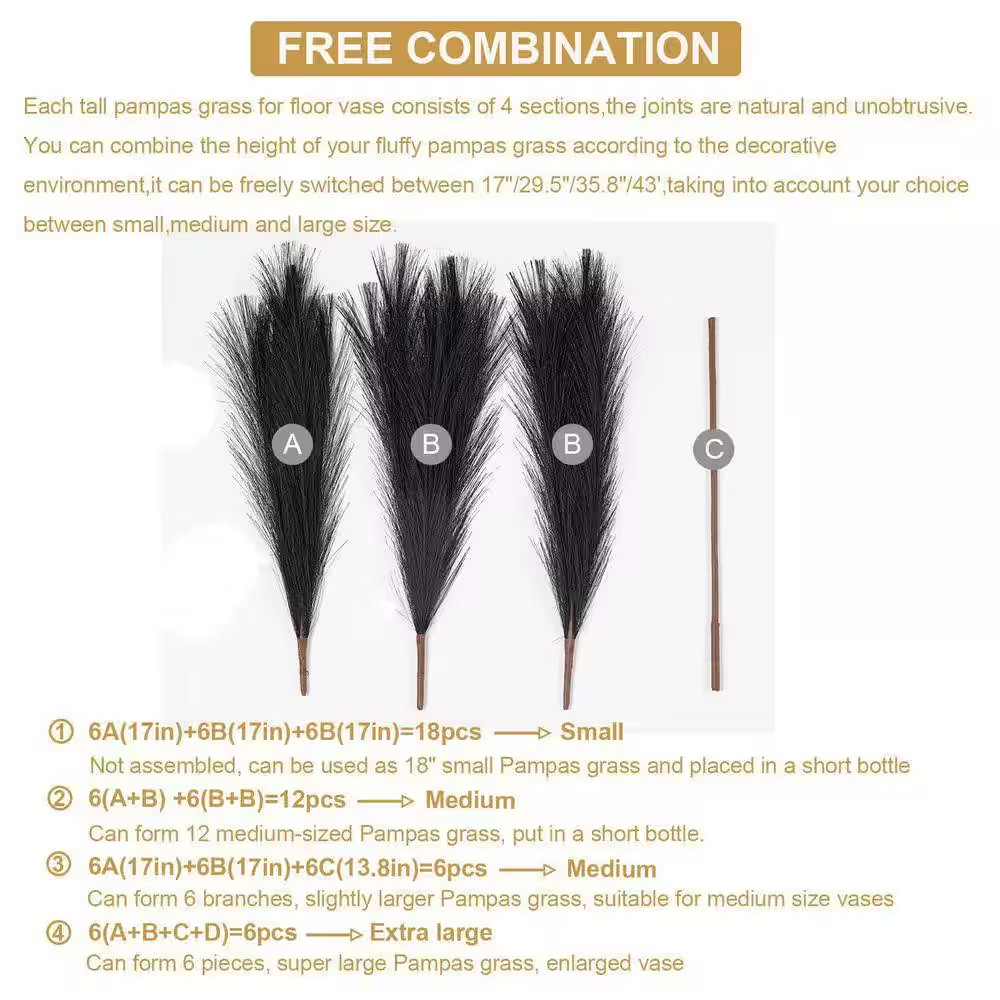 Black Color Family Artificial Plant 43 In. Tall Pampas Grass Feathers Set for Ho