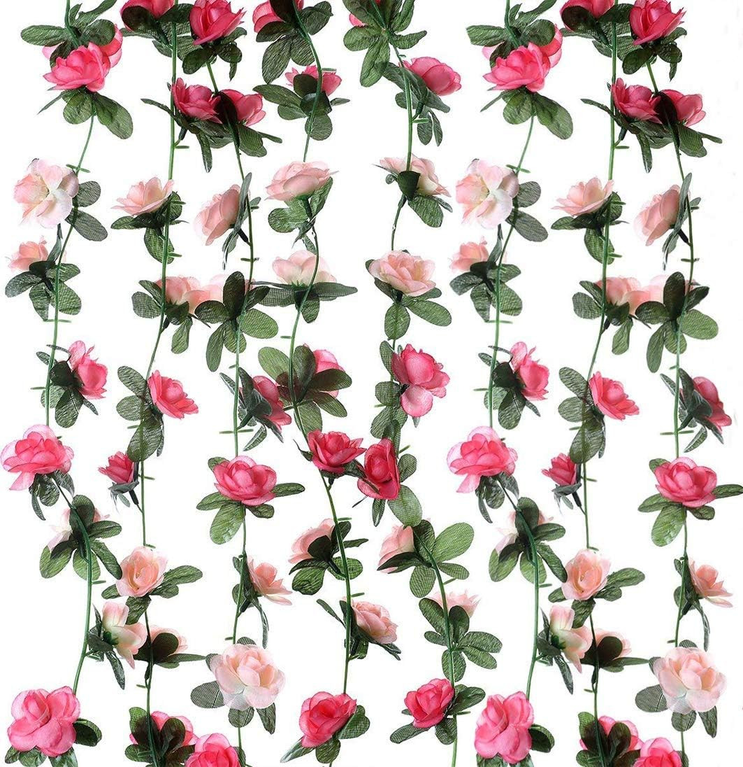 8Pcs 66FT Pink Flower Garland, Artificial Rose Floral Vines Fake Hanging Spring