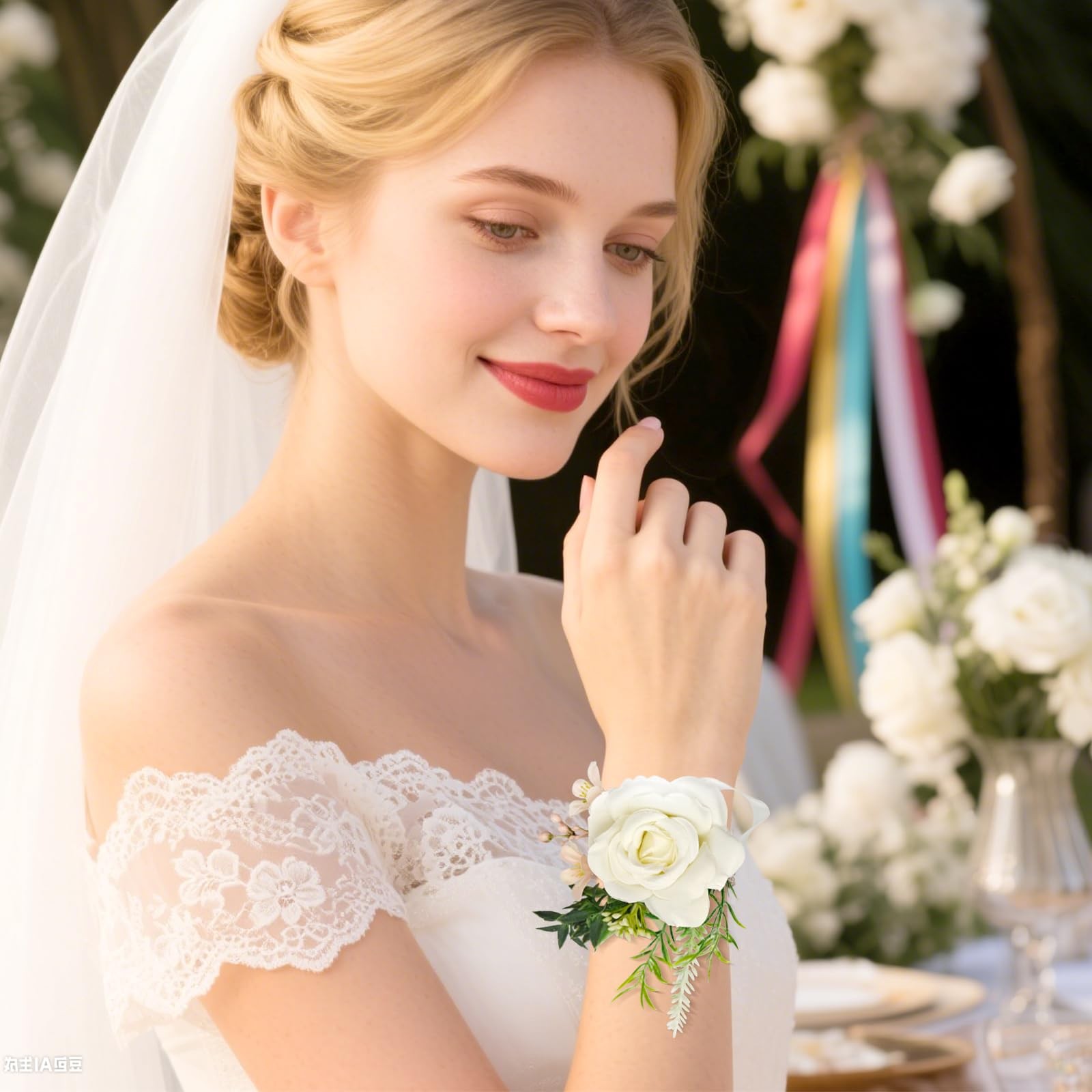 2 PCS Ivory Boutonniere Wrist Corsage Set Artificial Flower Pearl Band Prom