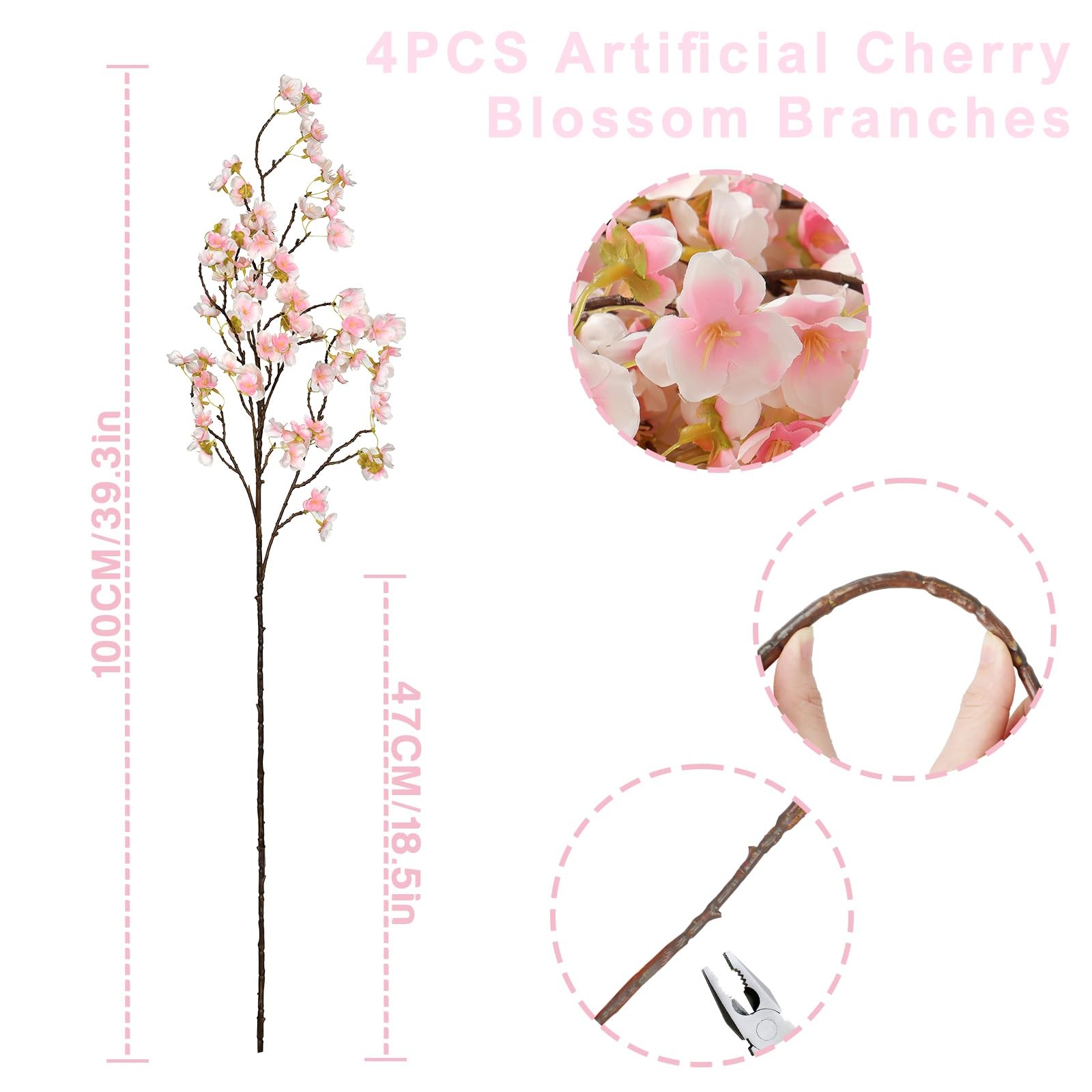 Dremisland 4Pack Artificial Cherry Blossom Flowers 39.3in Faux Cherry Blossom…