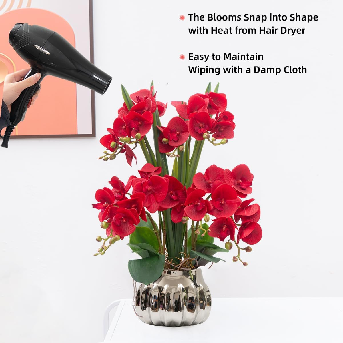 Real Touch Red Orchid Flowers in Ceramic Vase – 22.9” Home Decor
