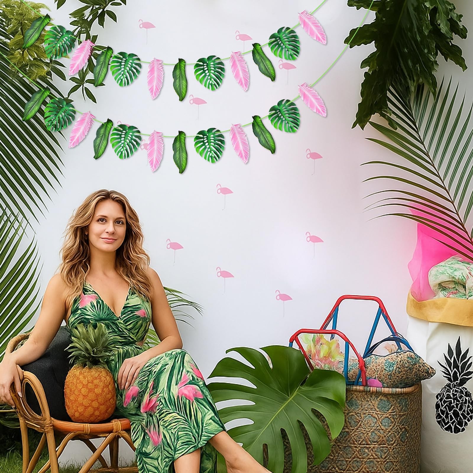 24 Pcs 8.5 ft Artificial Tropical Palm Leaves Garland – Pink Green Monstera L…