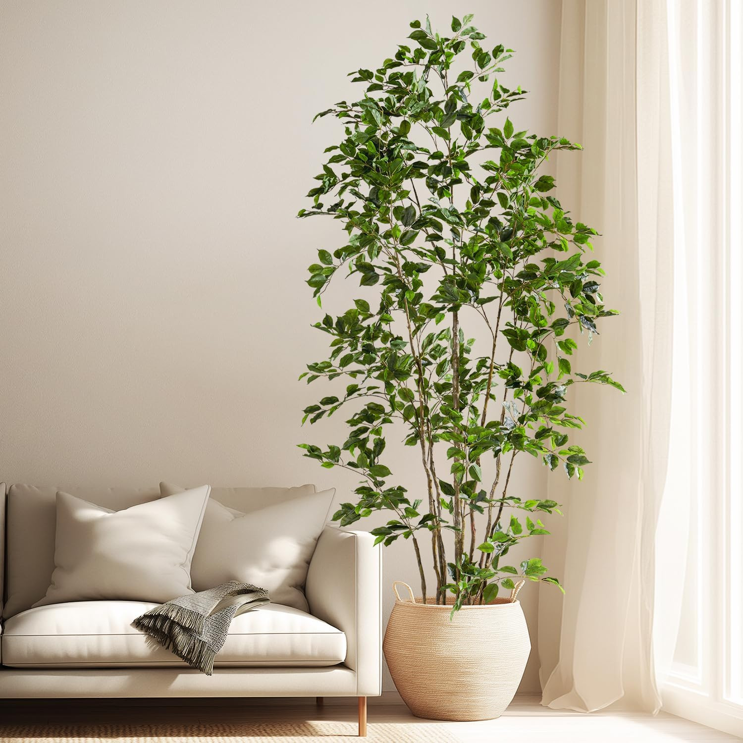 Artificial Ficus Tree Indoor 8Ft, Large Potted Faux Tree with Realistic Silk Lea
