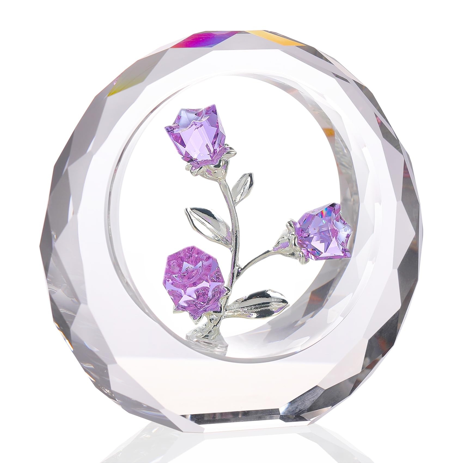 Crystal Purple Rose Bouquet Figurines Glass Flowers with Stems Valentines Ann…