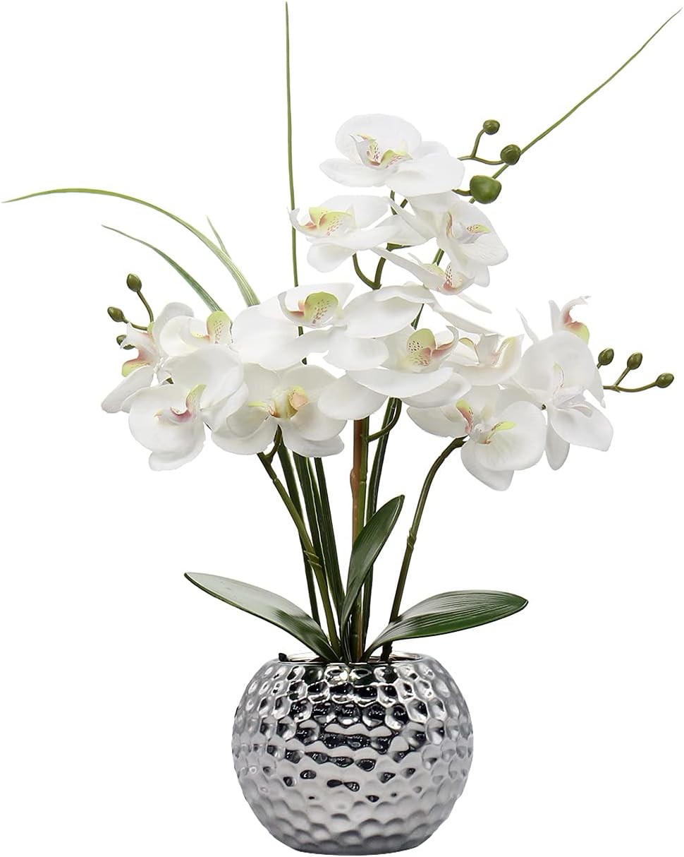 White Phalaenopsis Orchid Artificial Flowers 20.8″ Faux Plant in Silver Pot