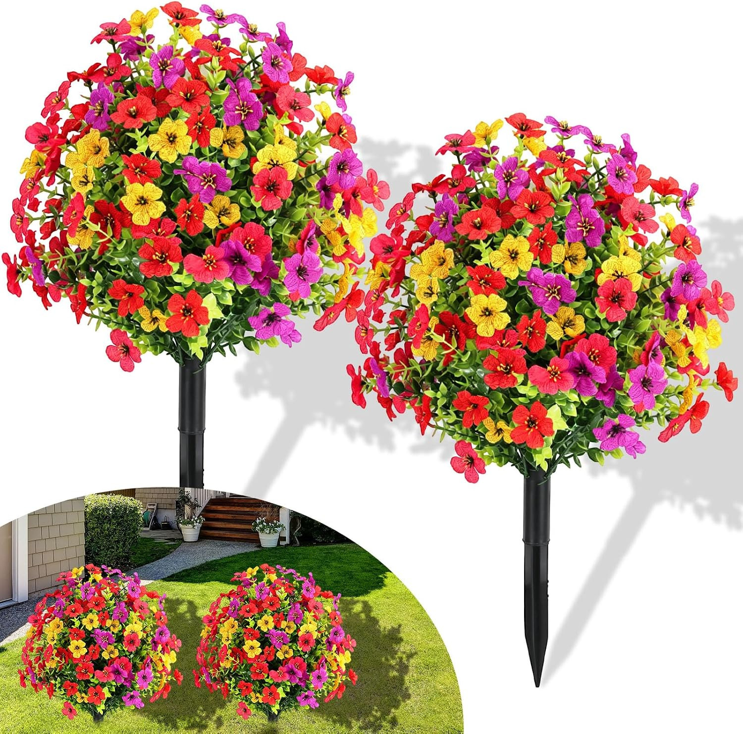2 Pack 20″Artificial Boxwood Topiary Ball with Violet Flowers with Spikes, UV Re