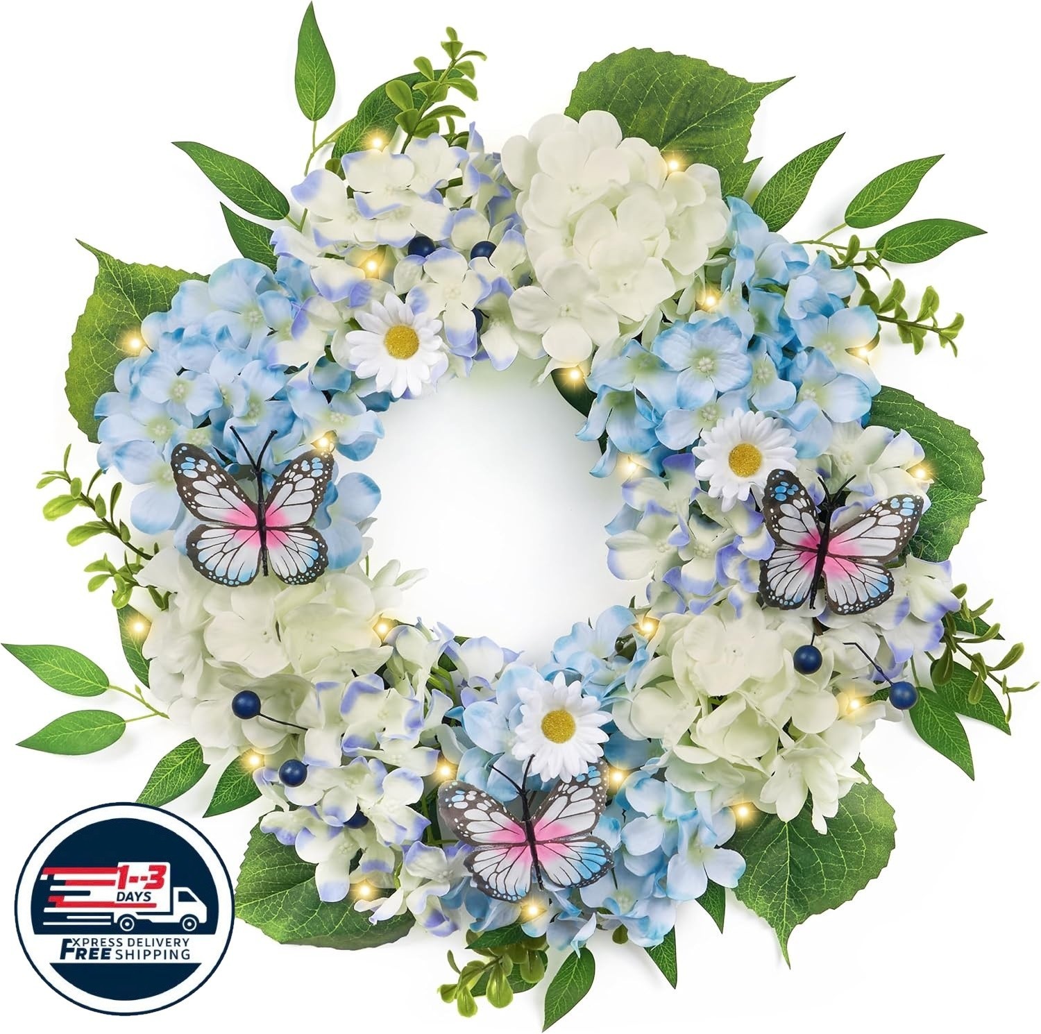 Coronas de primavera para puerta principal con luces, hortensias azules