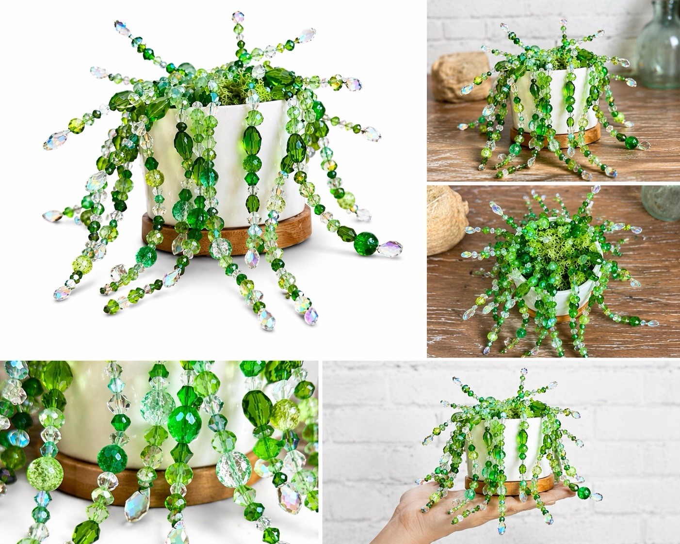 Handmade Beaded Succulent Decor – Sparkling Green Plant in Ceramic Pot