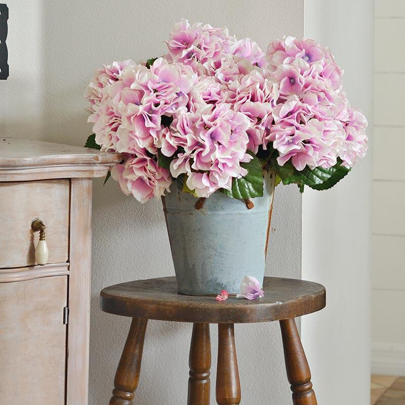 18″ Artificial Cream Pink Hydrangea Silk Flower Bush