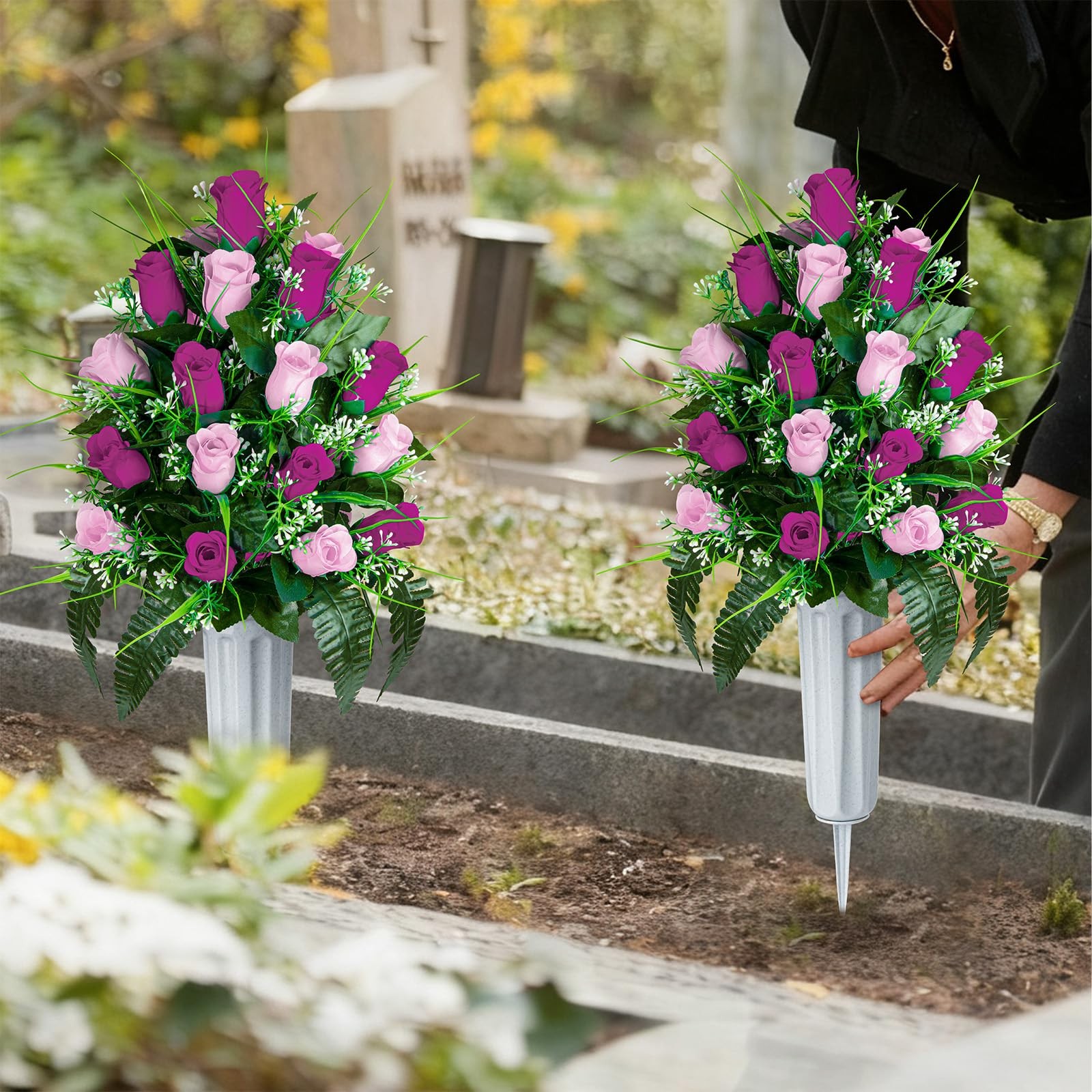 Artificial Cemetery Flowers – Set of 2 Grave Memorial Rose Flowers with Vase