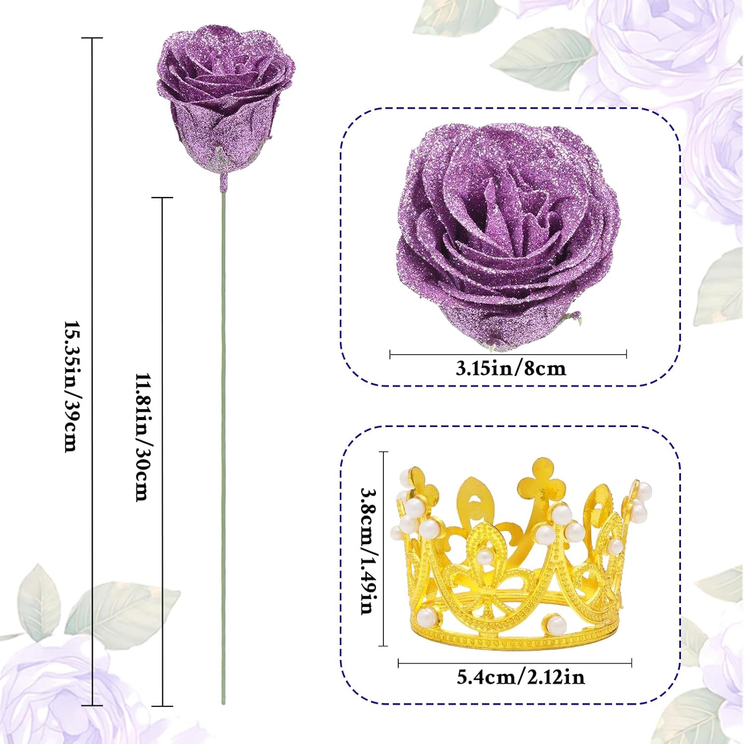 24 Lilac Glitter Roses Bouquet, DIY Fake Flowers, Everlasting, Valentines, Gift