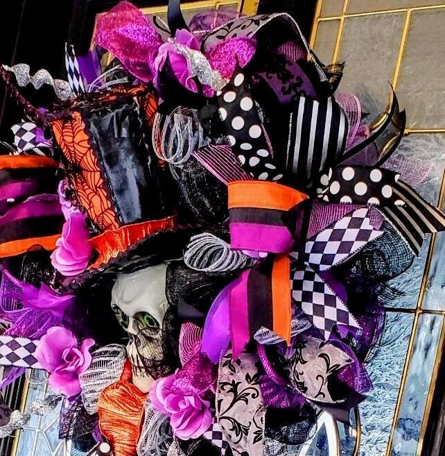Halloween Wreath Decoration Large Deco Mesh Skull Top Hat Front Door Decoration