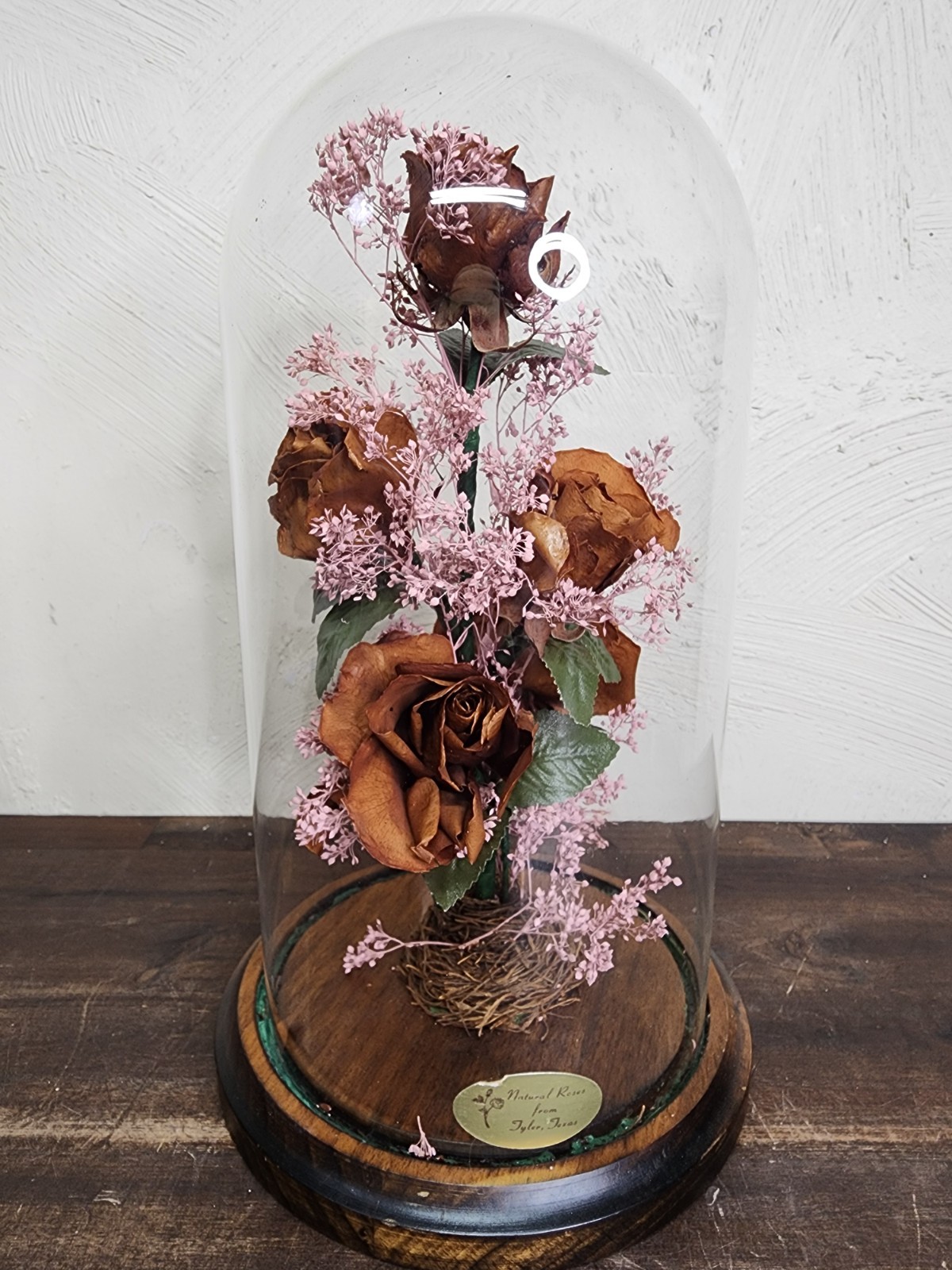 Vintage NATURAL ROSES TYLER TX Dried Flower Glass Dome Cloche Arrangement
