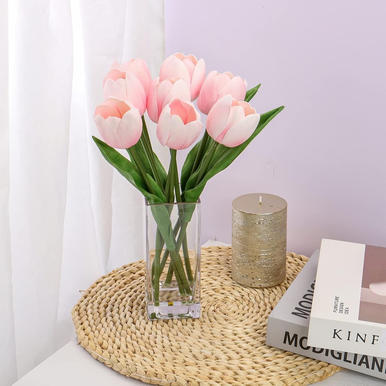 Pink Artificial Tulip Flower Fake Flowers Clear Vase Real Touch Arrangement