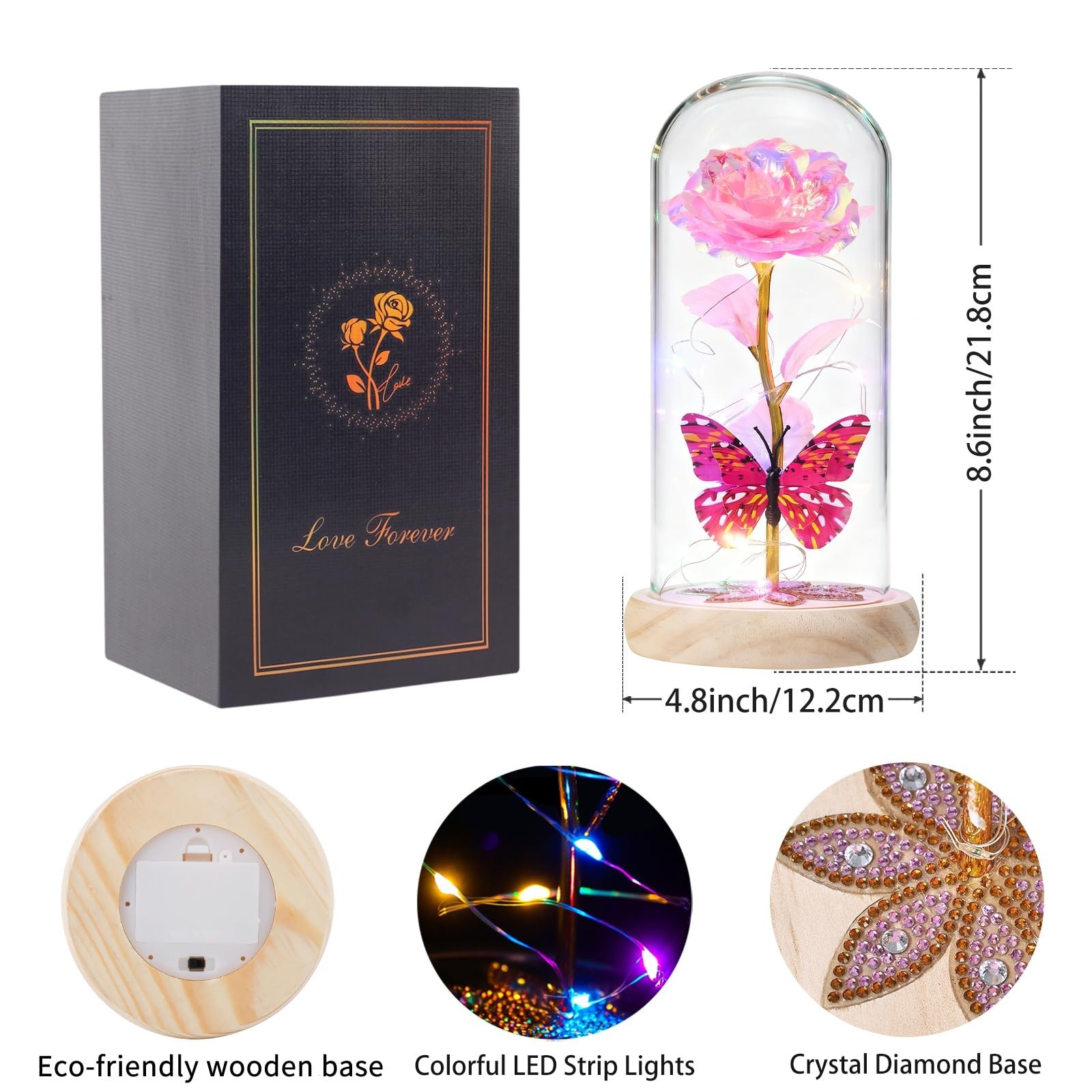 Light Up Glass Dome Rose – Forever Preserved Galaxy Flowers Gift for Her, Mom, W