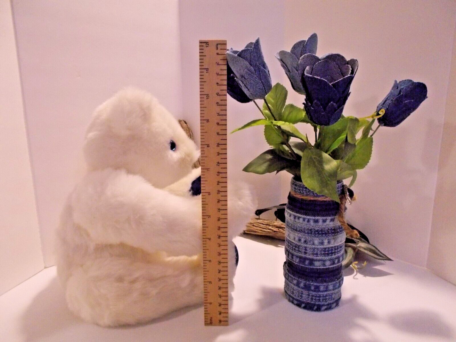 Handcrafted Denim 6 Rose Bouquet in Denim Seams Vase w Teddy Bear Upcycled Denim