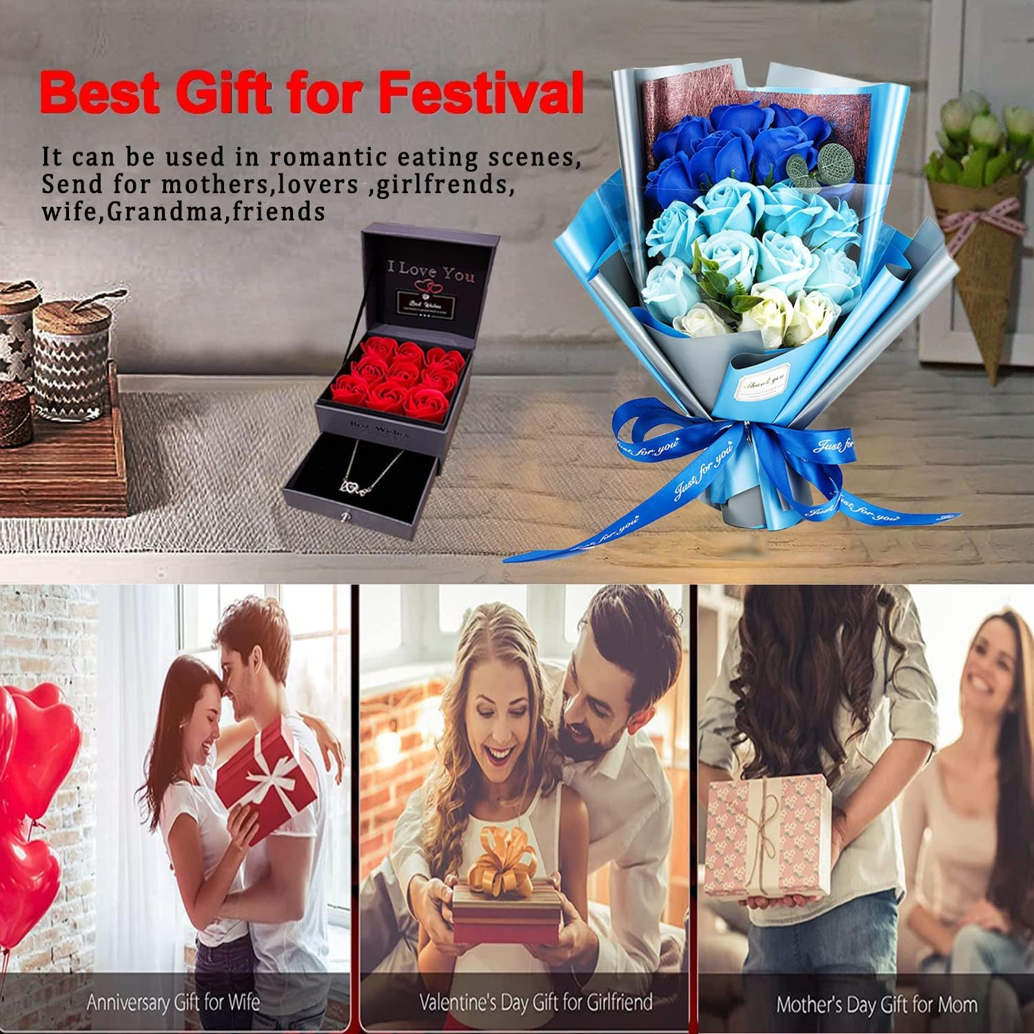 Roses Bouquet Artificial Flower Preserved Flowers with Love Necklace Unique Gift