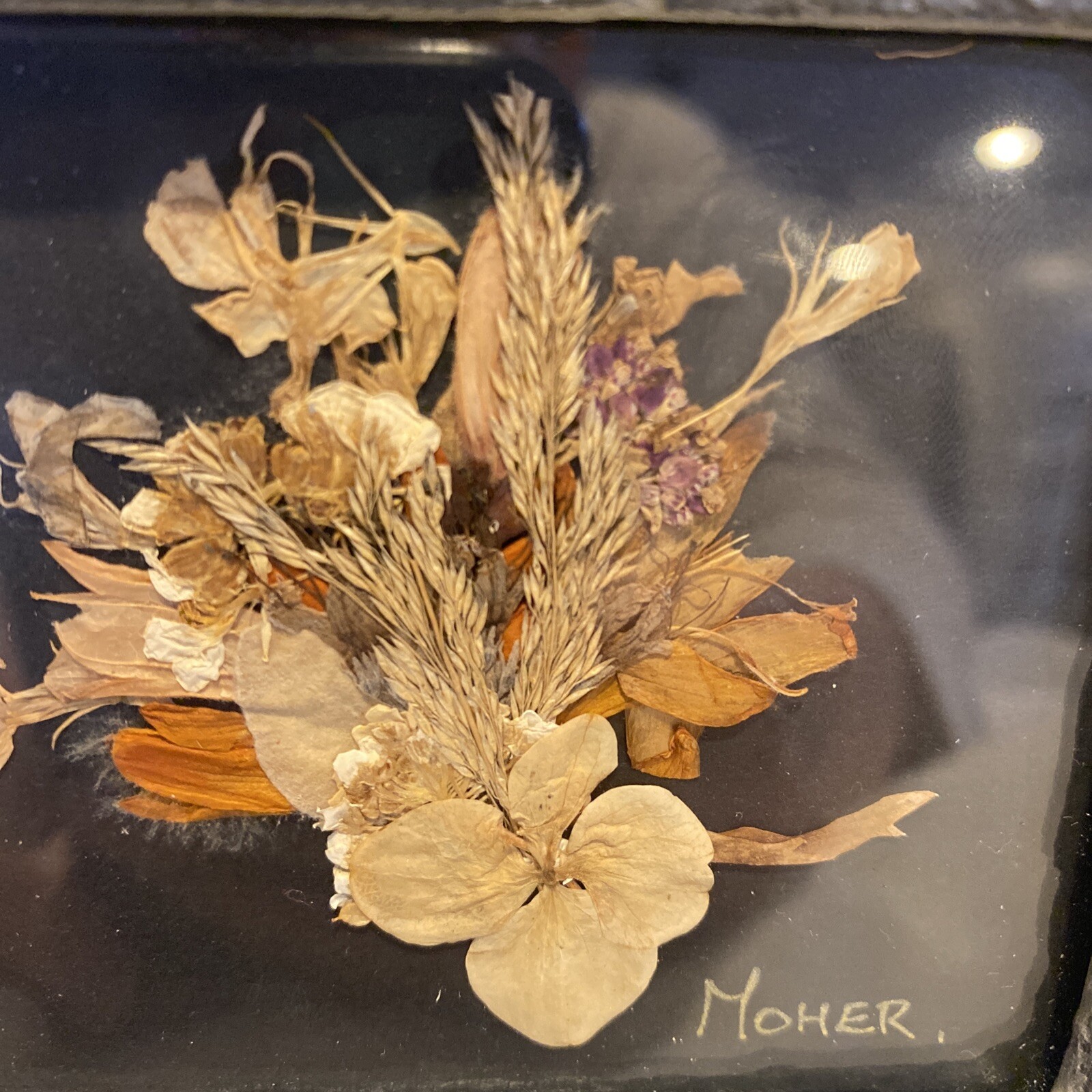 Vintage Pressed Flowers in Slate Frame Signed Moher Small Octagon Earth Elements