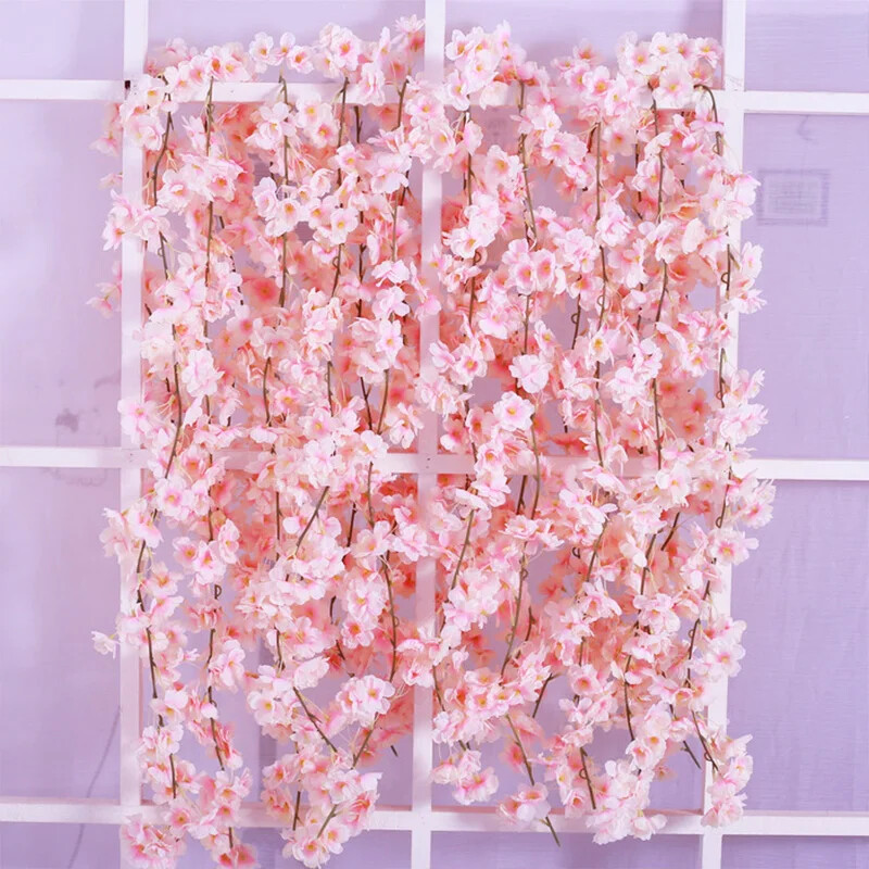8Pcs 1.8M Artificial Cherry Blossom Flower Vines Faux Flowers Hanging Decor New