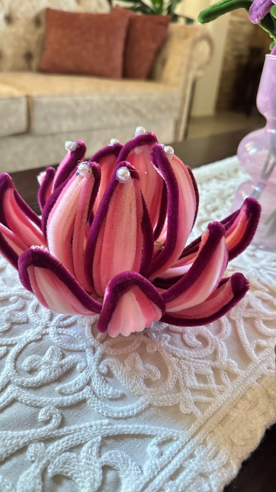 Pipe Cleaner Water Lily Flower Handmade LED Table Lamp Night Light Gift Decor
