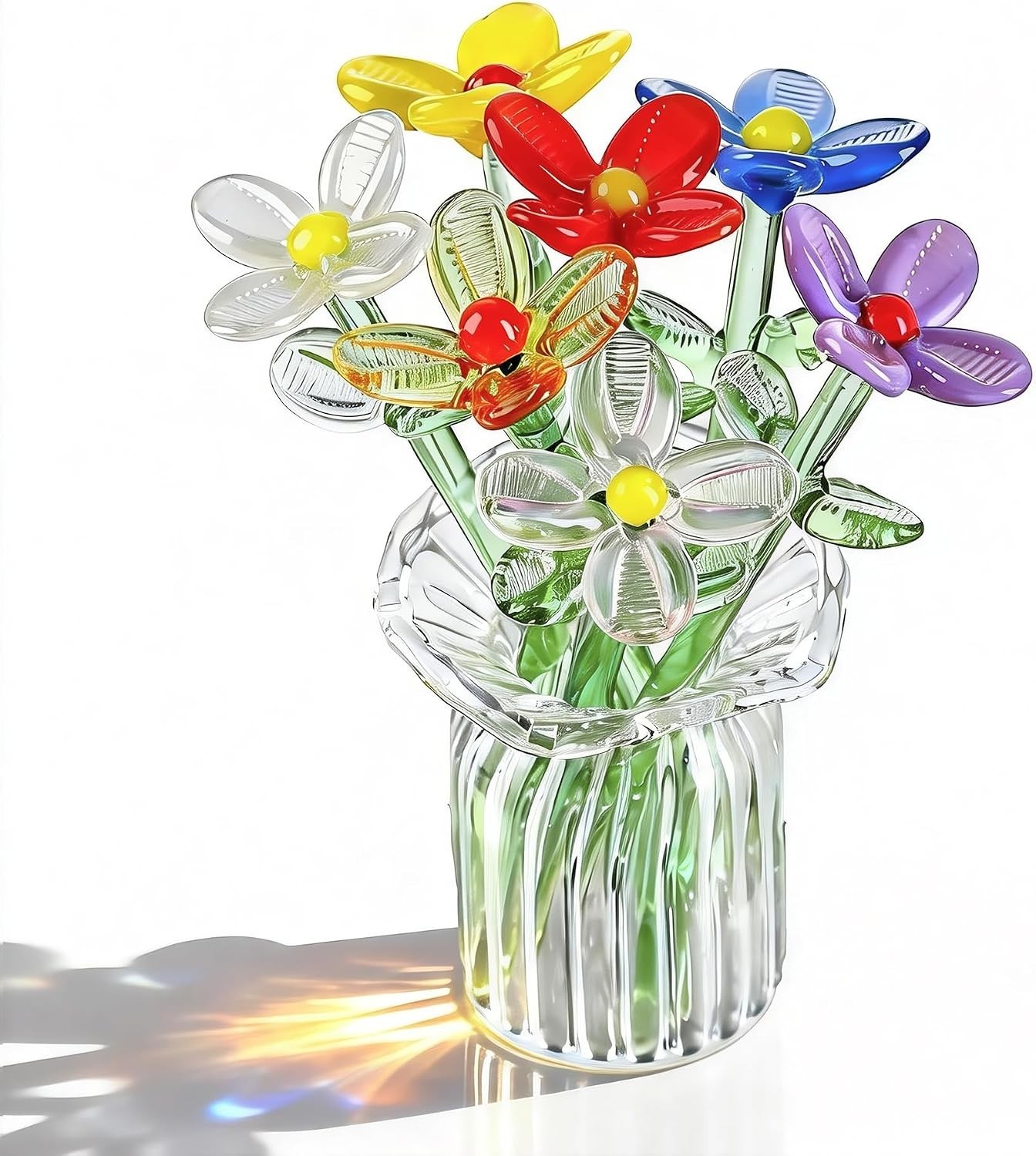 7 Pcs Blown Glass Flower Bouquet with Vase Mini Crystal Artificial Flowers fo…