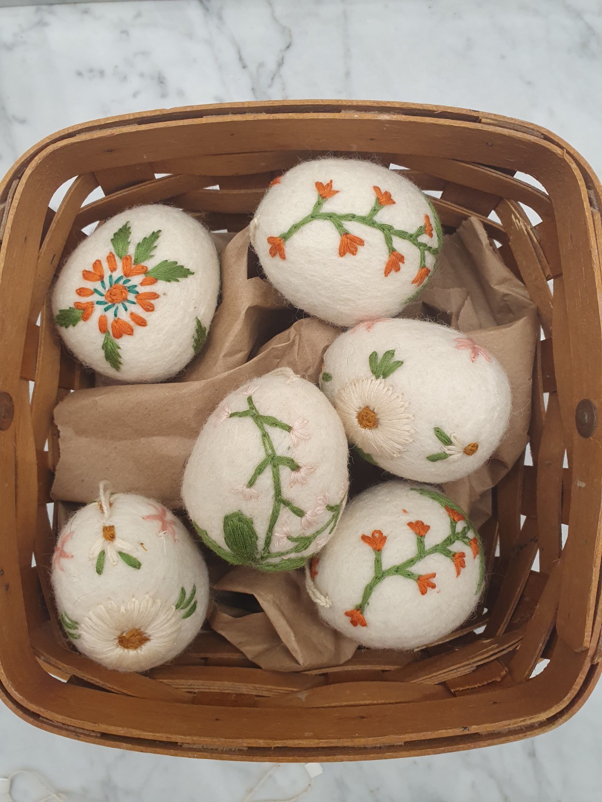 6 Cottage Core Farmhouse Chic Boiled Wool Eggs Embroidered Flowers Basket Decor