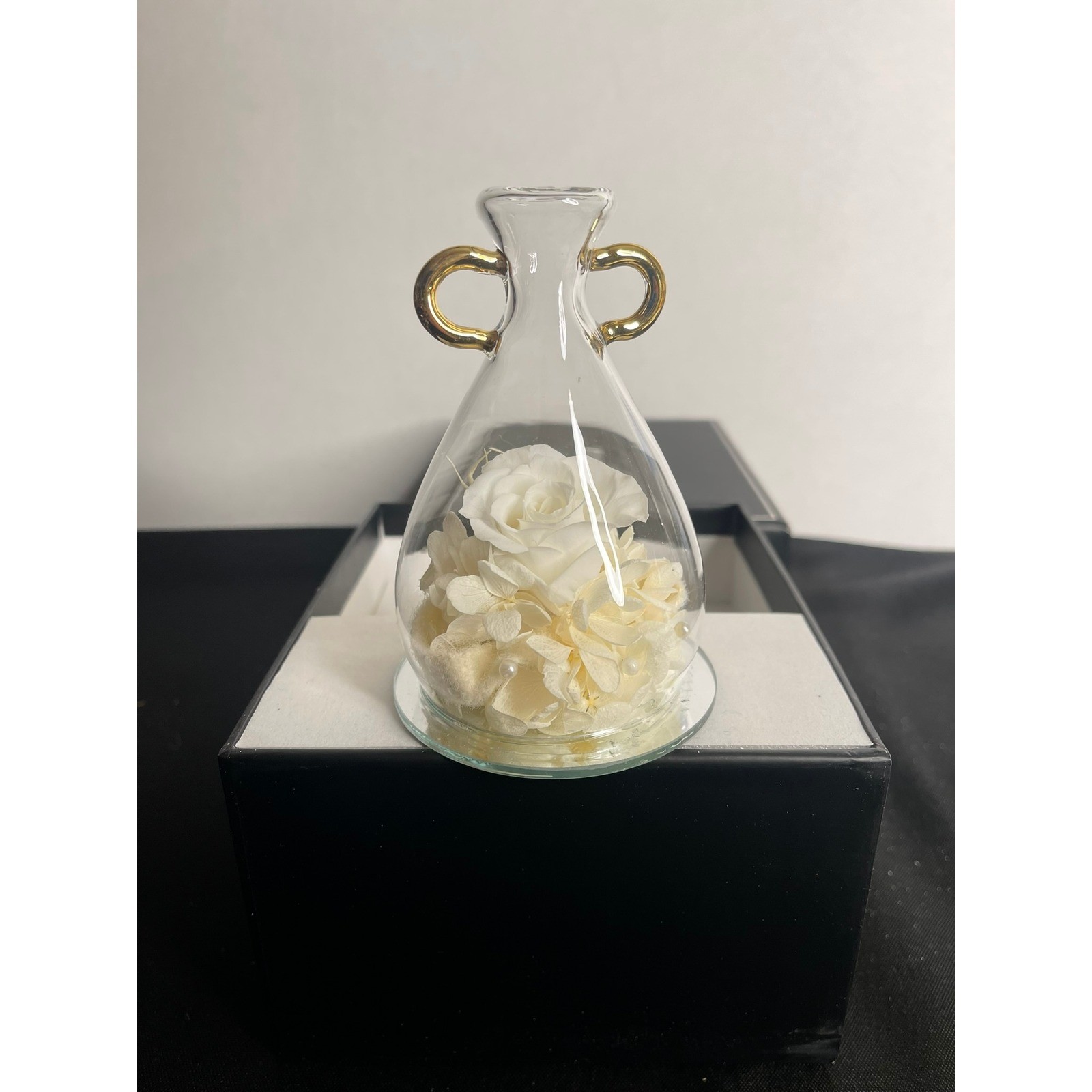 Preserved White Rose Glass Cloche Gold Handles Eternal Flower Gift Box