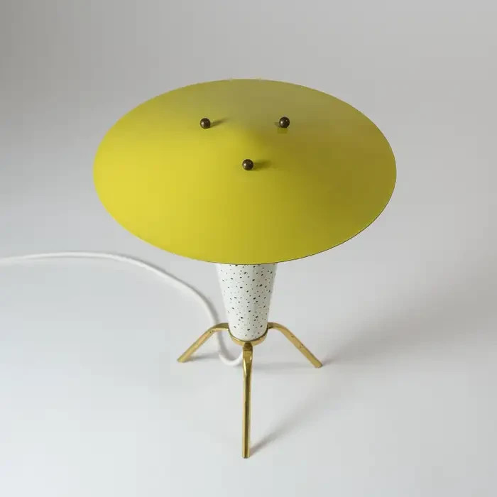 Mid-Century Modern Tripod Table Lamp – Perforated Metal Cone & Yellow UF