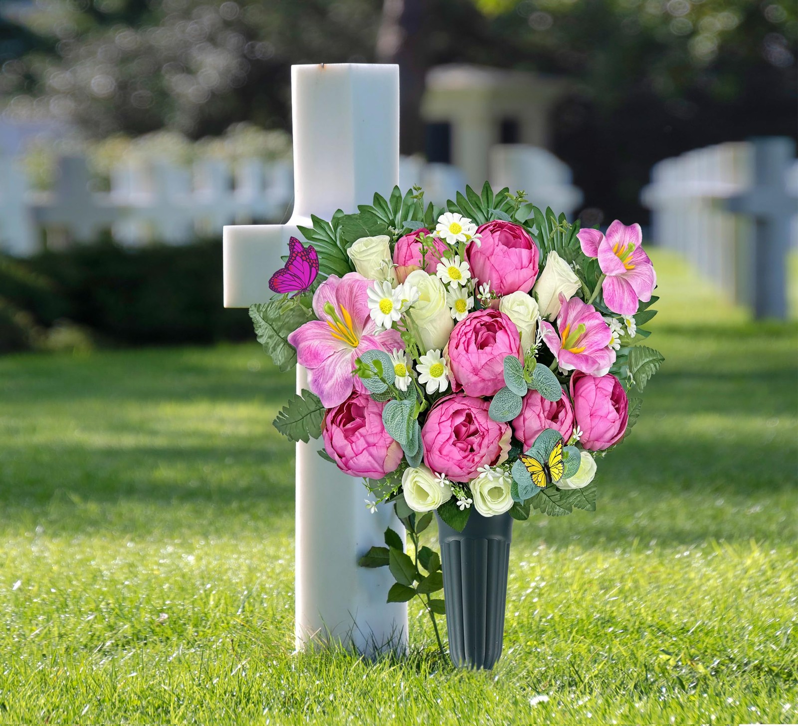 Artificial Cemetery Flower with Vase for Grave – Hibiscus Rose Daisy, Easy Fit