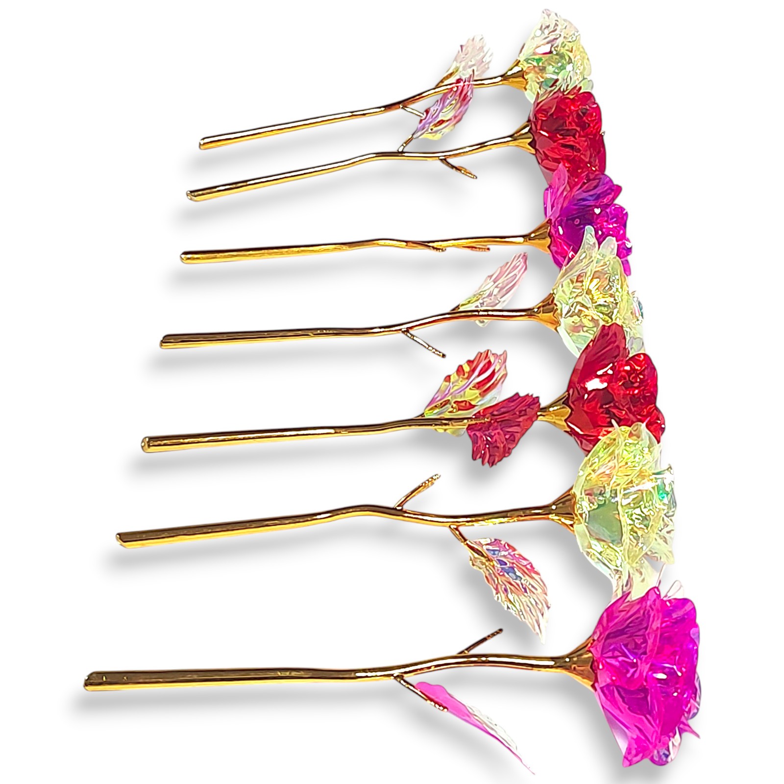 7pc Gold Stem Foil Enchanted Multicolor Flower Galaxy Rose Yellow Red Pink