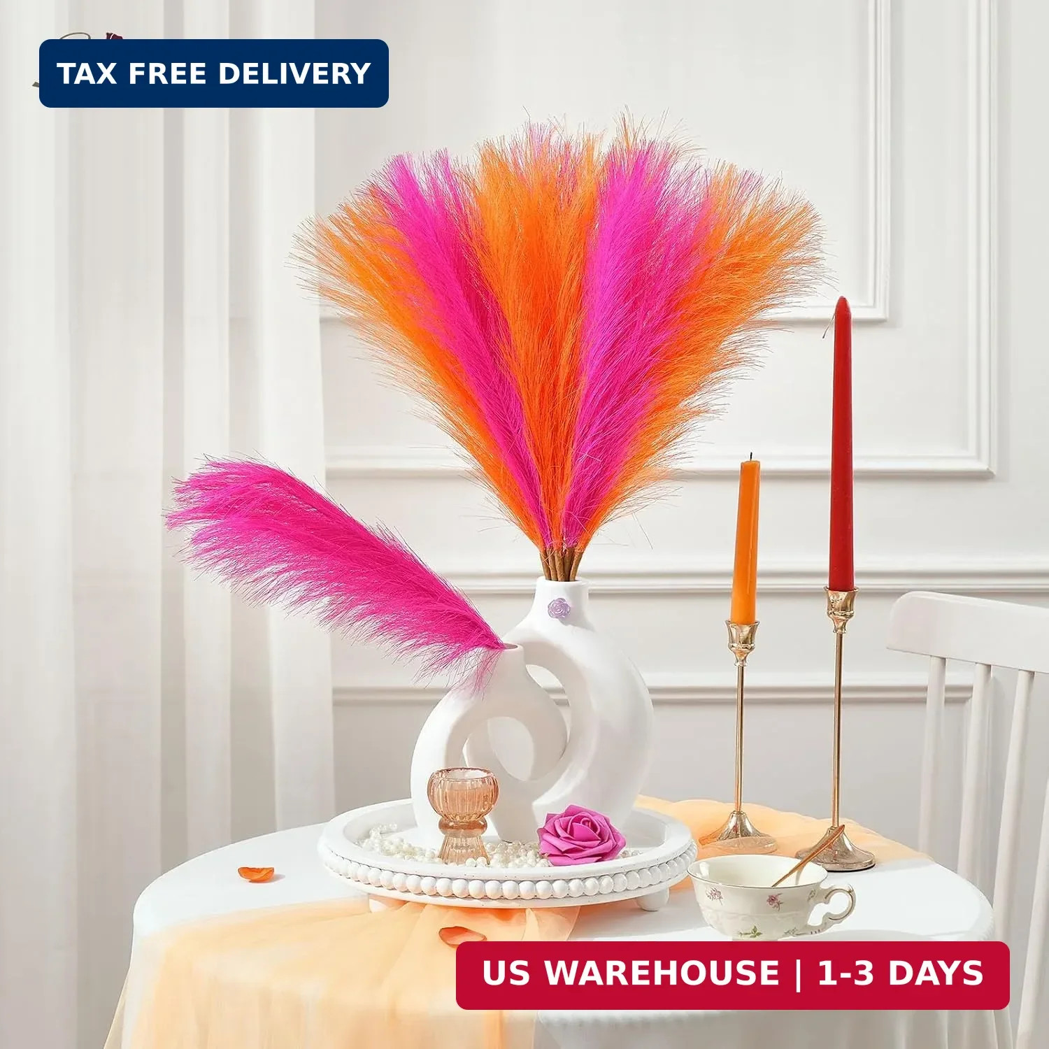 Serwalin 6PCS Pampas Grass Decor, 17.7Inch Bright Orange Hot Pink Artificial Pam