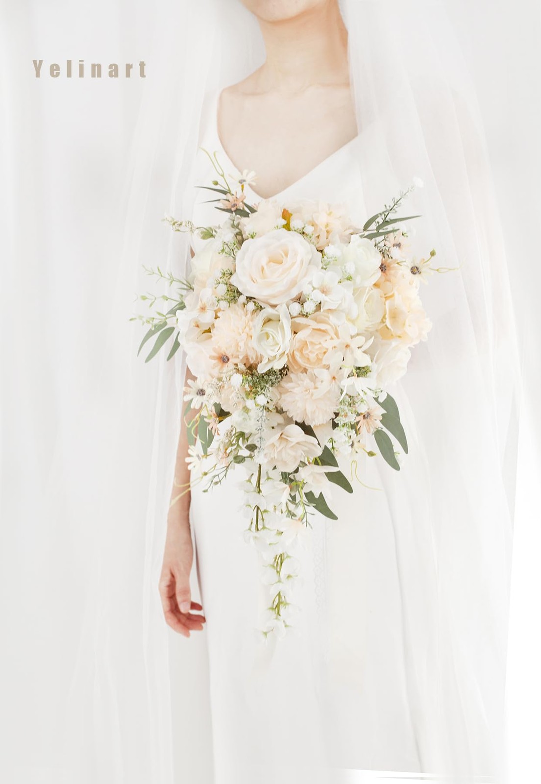 11 Inch Champagne Wedding Bouquets for Bride White Artificial Roses Flower Ca…
