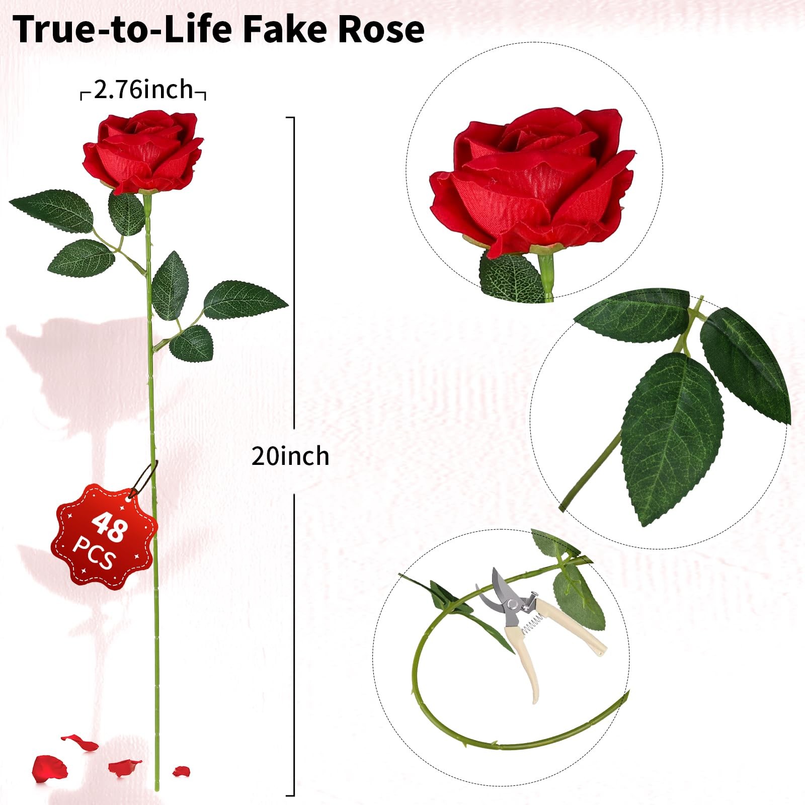 48PCS Red Roses Artificial Flowers, Realistic Fake Velvet Rose Bulk with Bend…