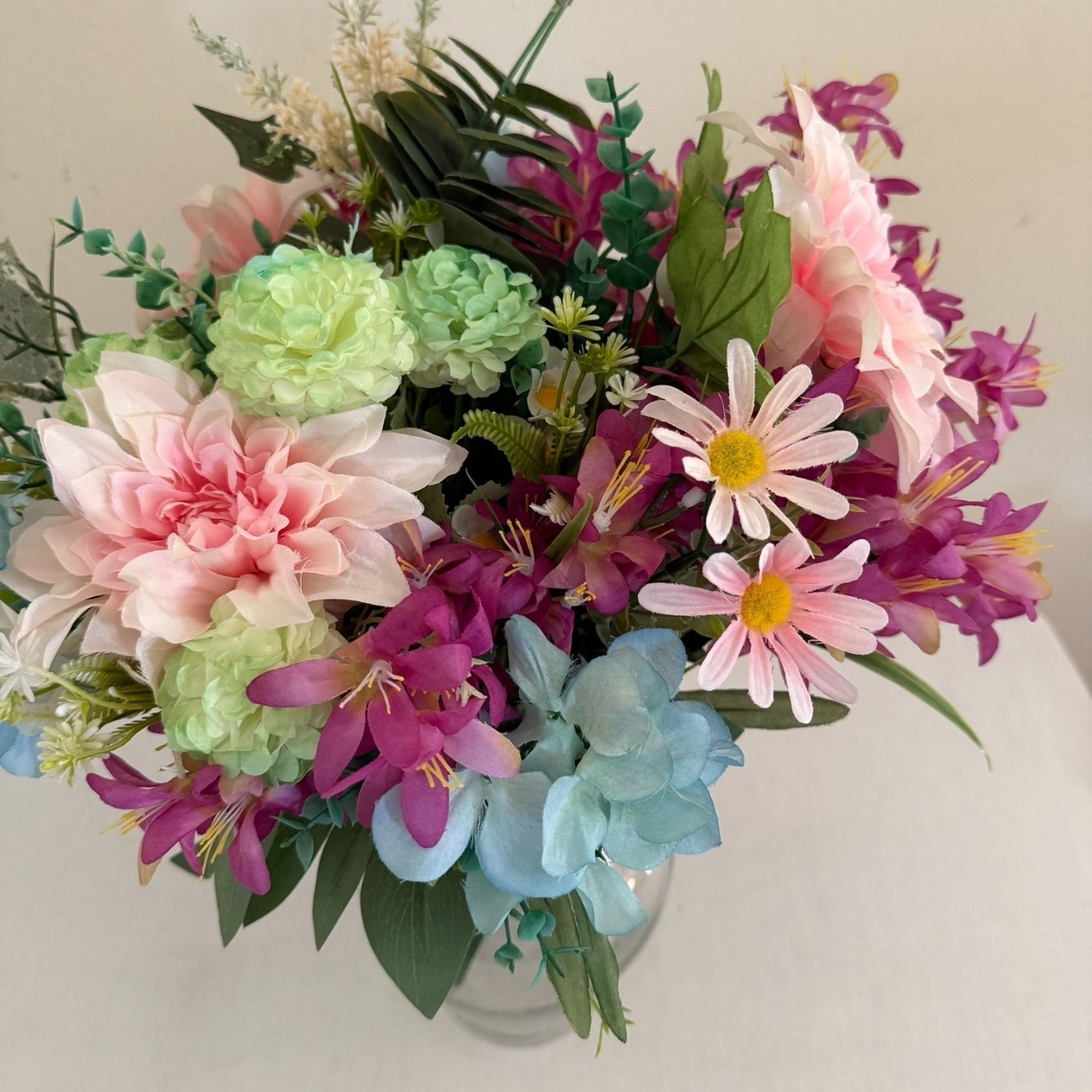 Upcycled Handcrafted Artificial Floral Arrangement Blue Green Pink Flowers OOAK