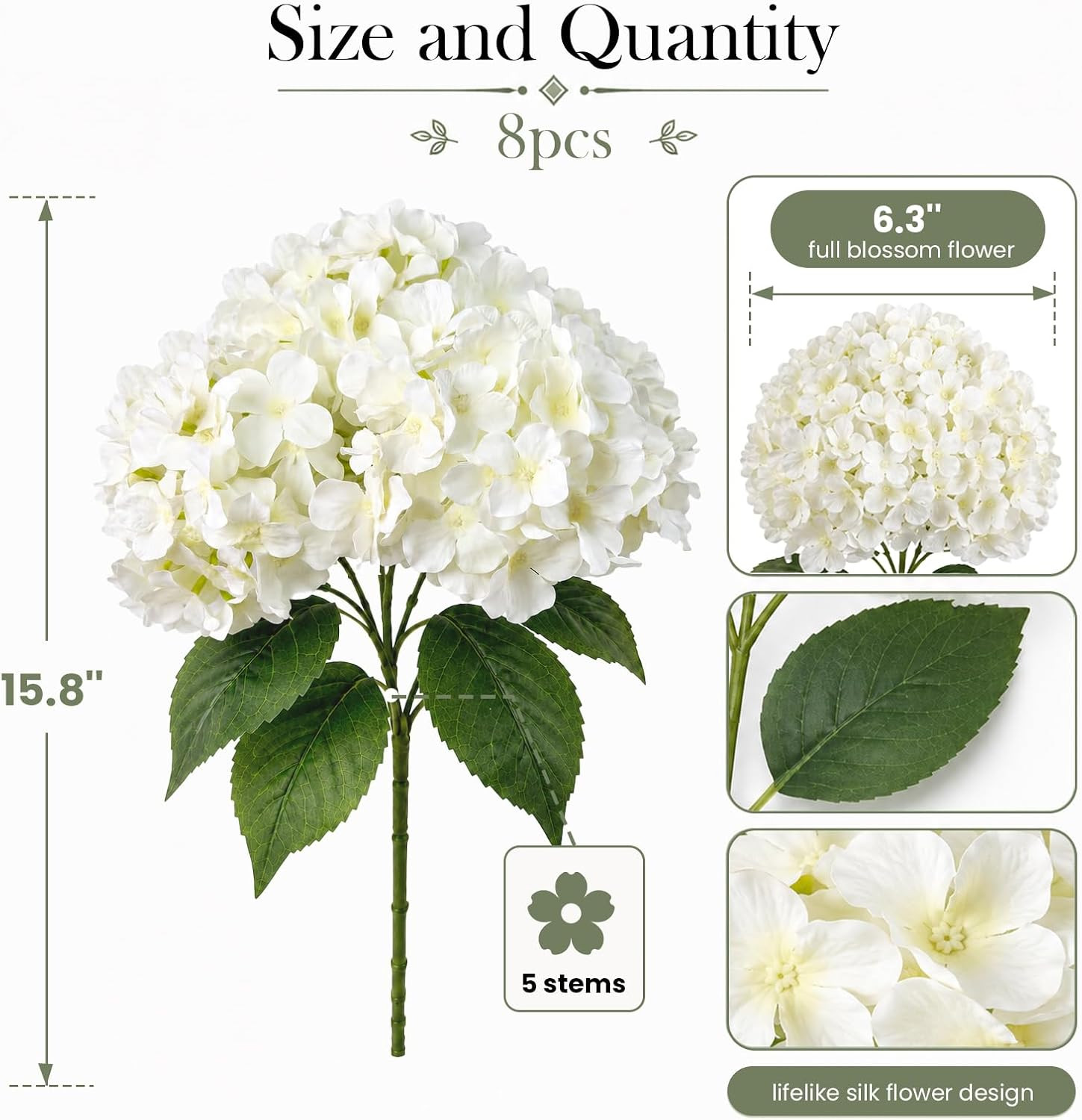 8Pcs UV Resistant White Hydrangea Faux Flowers for Home & Garden Decor