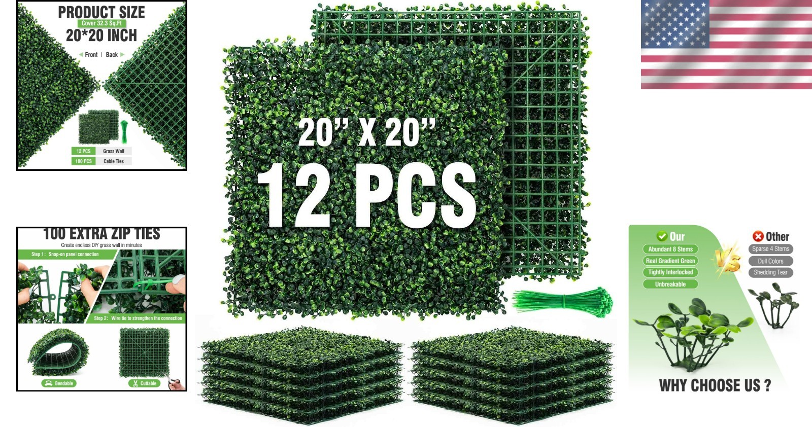Elegant 33 Sq. Ft. Faux Grass Wall Panels – 12 Pack 20″x20″ for Home and Events